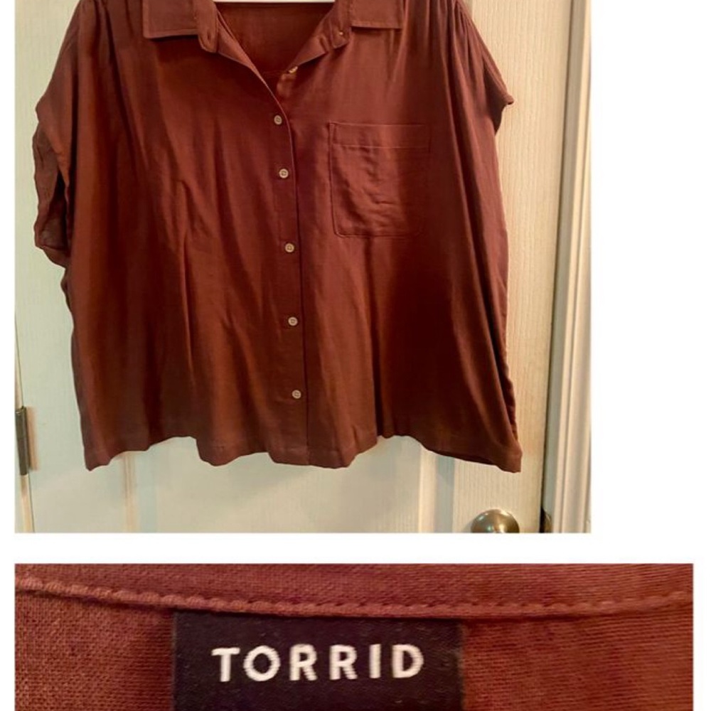 Torrid Brown Boxy Button Down Shirt with Notched Collar